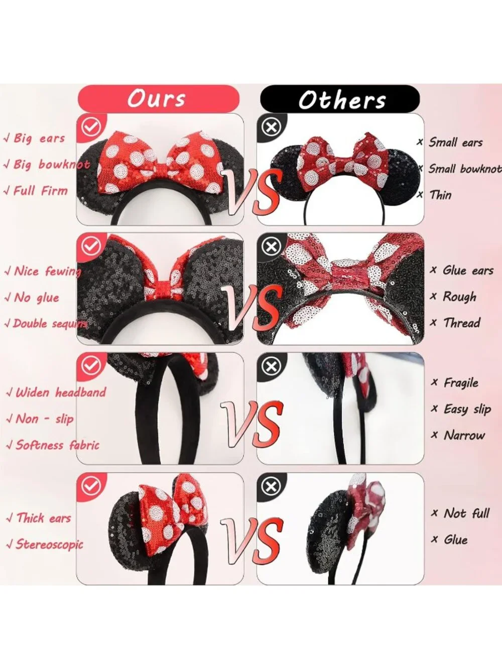Women Pink Black Sparkly Sequin Mickey Mouse Costume Headband For Cosplay 2PCS